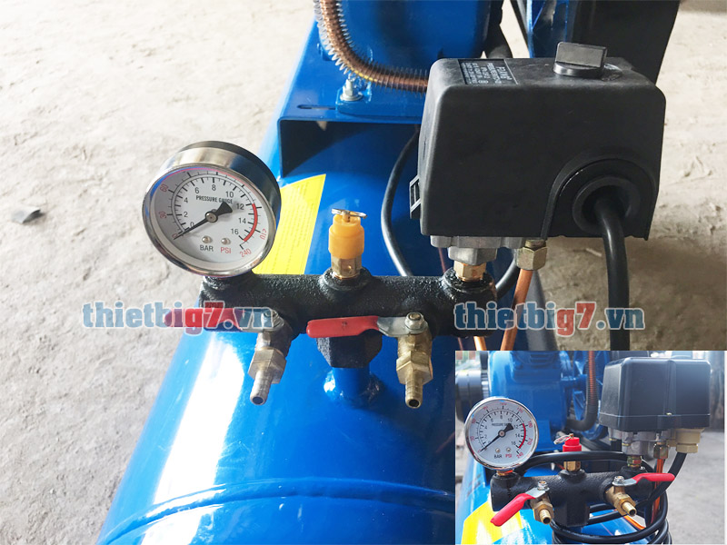 Ngỏ ra, bộ chỉnh áp máy nén khí pegasus 1 cấp 3hp-120l-8bar