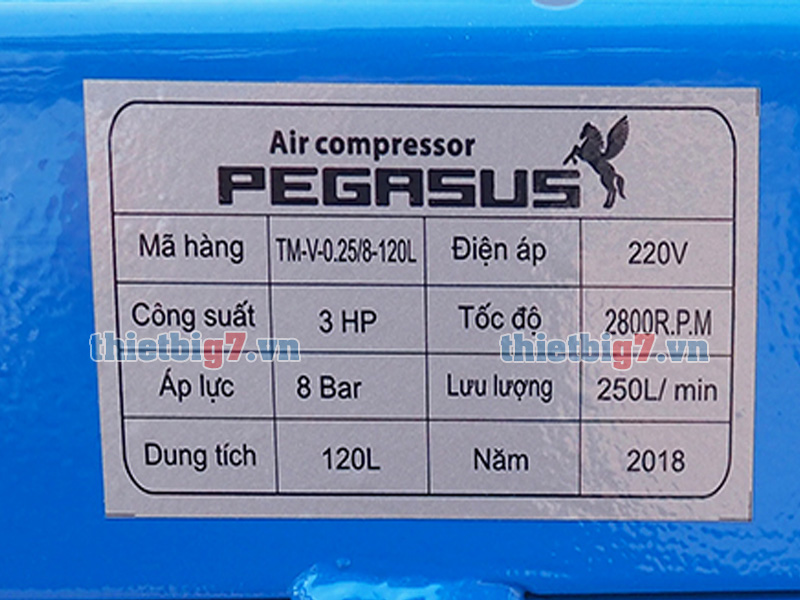 Thông số sản phẩm trên máy nén khí pegasus 1 cấp 3hp-120l-8bar