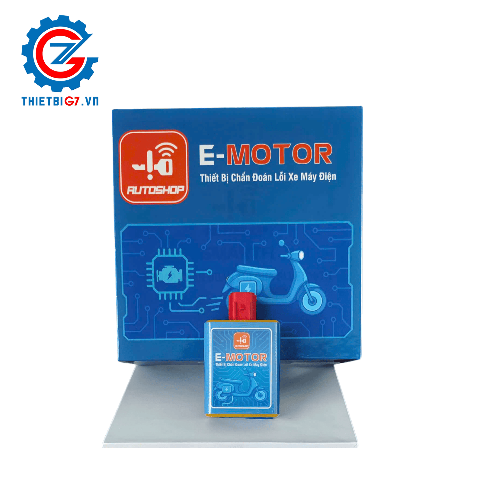 Thiết bị chẩn đoán xe máy điện E-Motor đặt trước hộp sản phẩm
