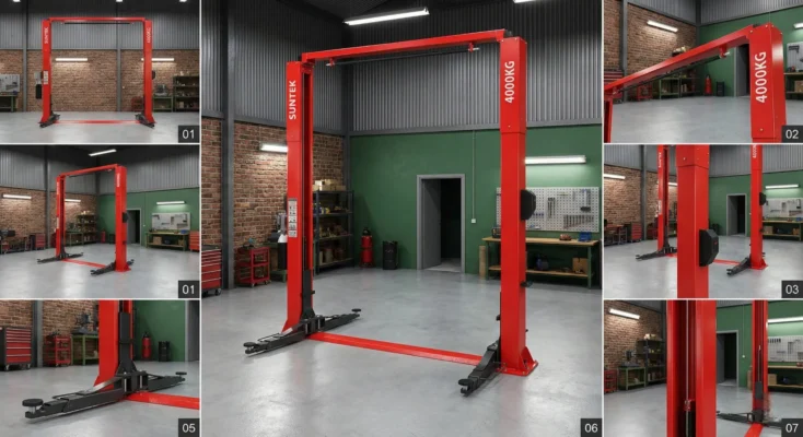 Không gian lắp đặt cầu nâng 2 trụ cổng trên SUNTEK 4000T nhìn từ trong xưởng ra ngoài thoáng đãng.