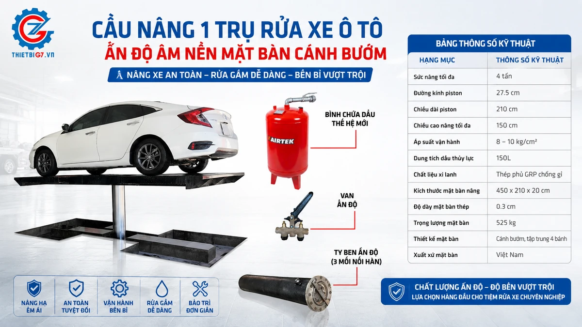 Cầu nâng 1 trụ cánh bướm Lộc Phát ấn độ âm nền, nâng xe ô tô an toàn, rửa gầm dễ dàng.