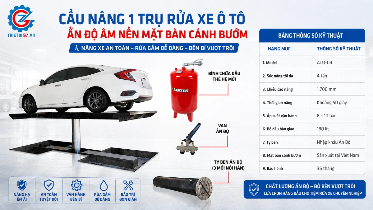 Cầu nâng 1 trụ rửa xe ô tô âm nền mặt bàn cánh bướm Lộc Phát