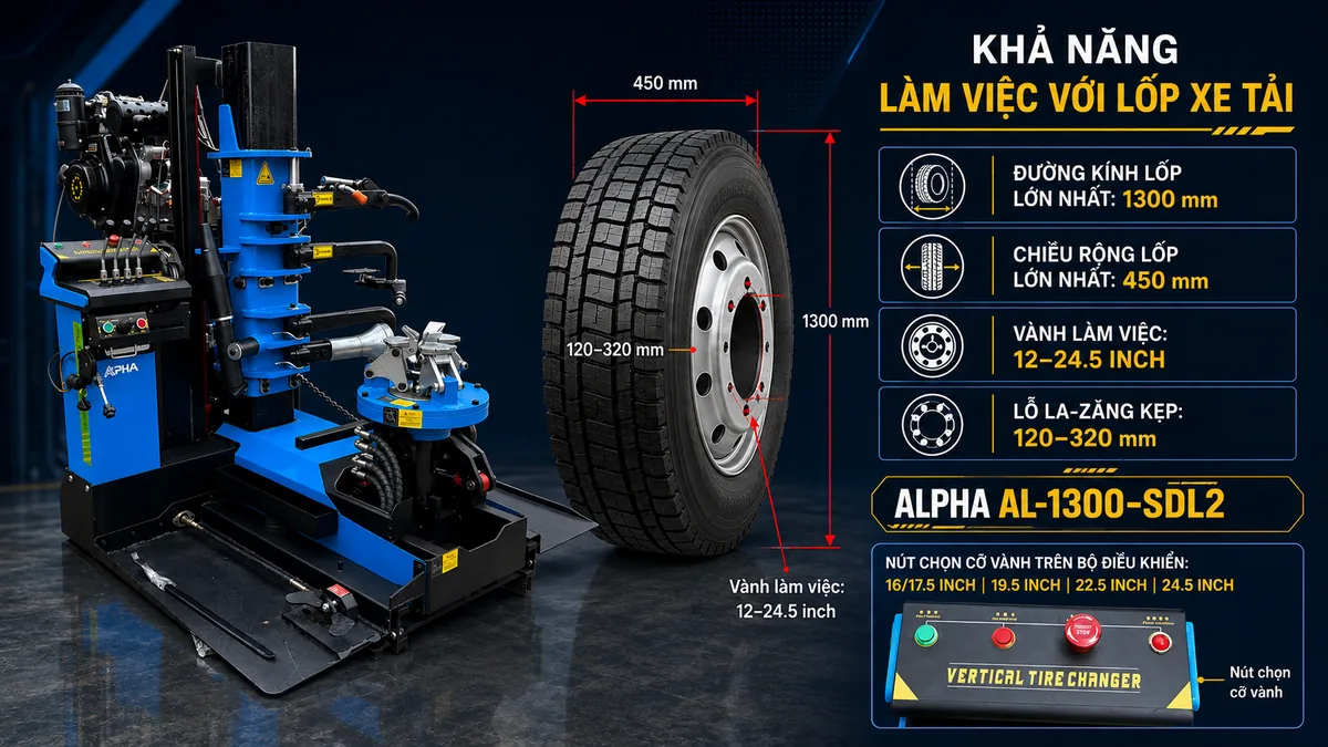 Máy tháo lốp xe tải Alpha AL-1300-SDL2 đa năng, công suất 4kW, điện áp 220V.