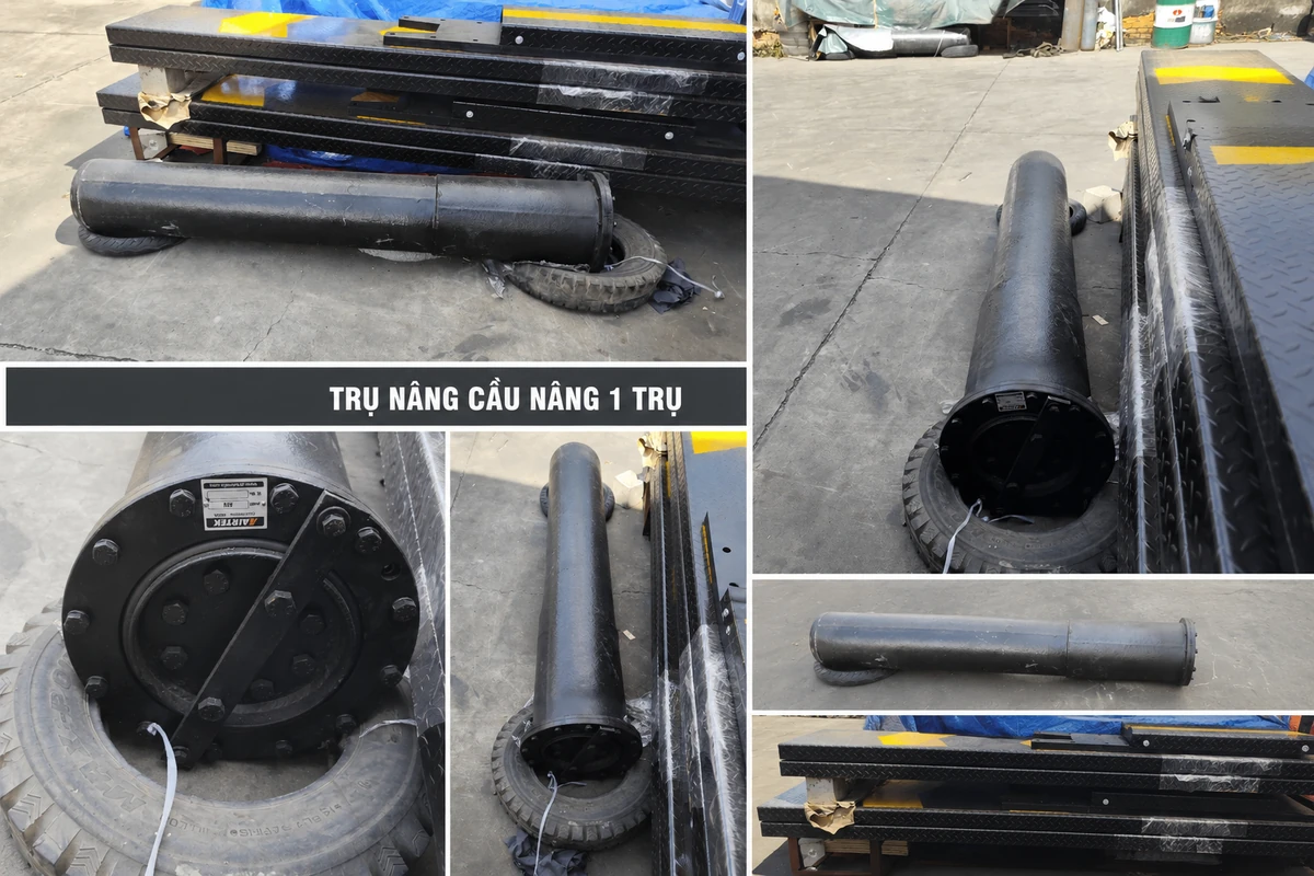 Cận cảnh trụ nâng cầu nâng 1 trụ Lộc Phát, chi tiết ty ben và mặt bích kết nối.