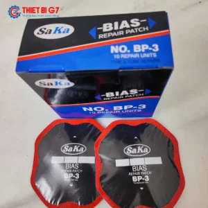 Chi tiết hộp và miếng vá lốp bố chéo SAKA-TECH BP-3 100x100mm viền đỏ bo góc