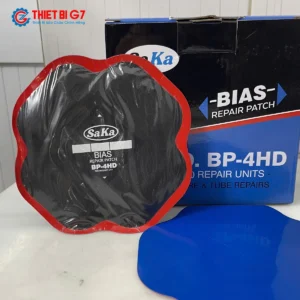 Hình ảnh thực tế hộp và miếng vá lốp bố chéo SAKA-TECH BP-4HD 150x150mm viền đỏ