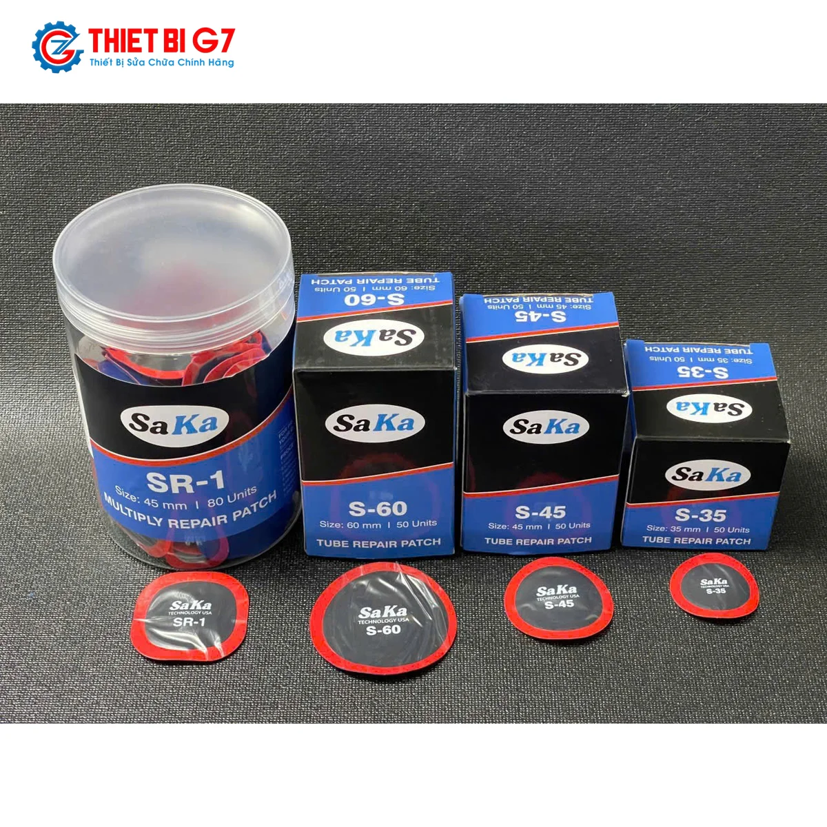 Bộ sản phẩm miếng vá săm lốp SAKA chính hãng: Miếng vá đa năng SR-1 và các dòng miếng vá tròn S-60, S-45, S-35 So sánh miếng vá đa năng SAKA-TECH SR-1 và các dòng miếng vá tròn săm lốp S-60 S-45 S-35